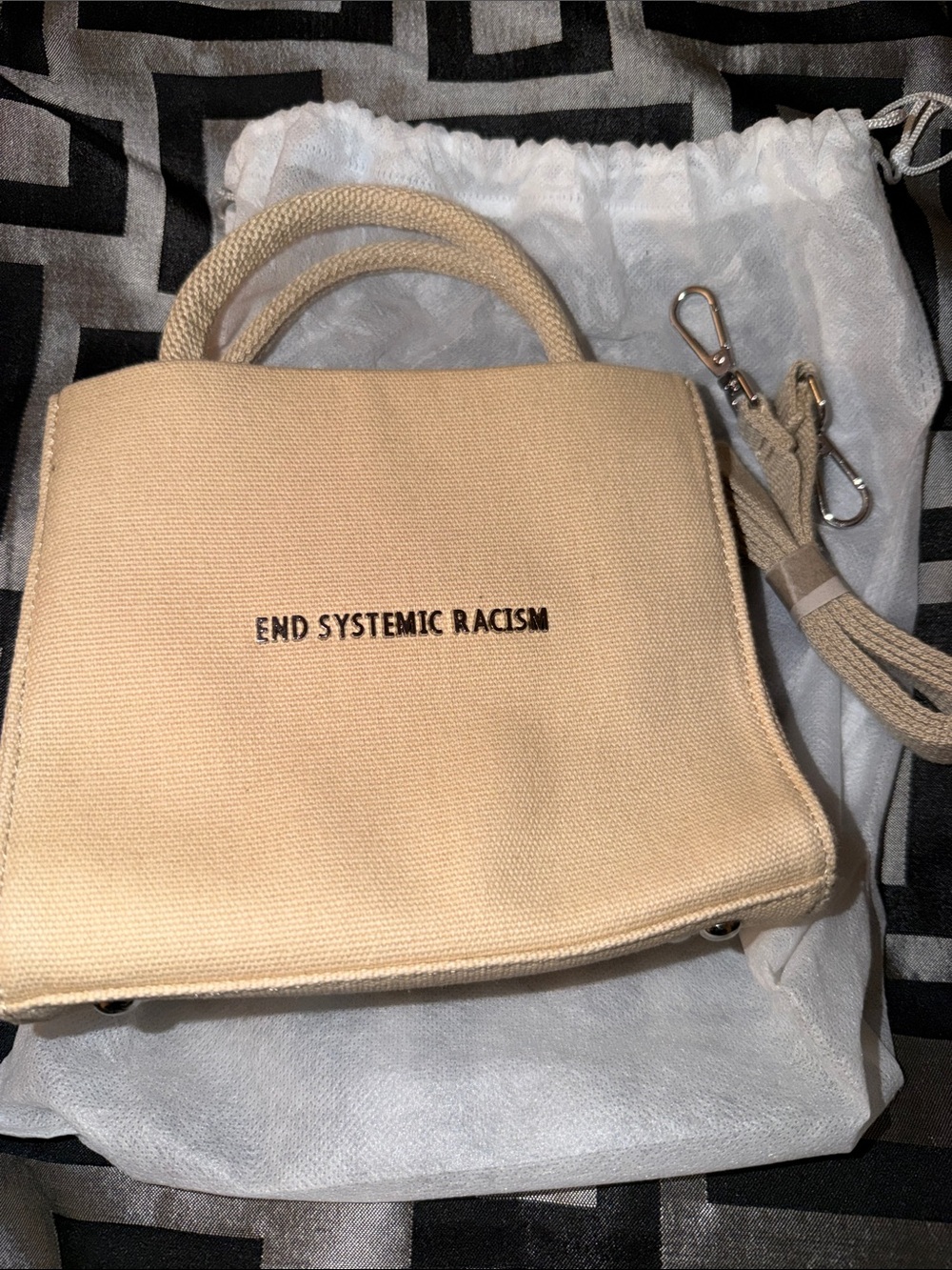 Brandon Blackwood Mini Tote in Cream Canvas with Embroidered Slogan